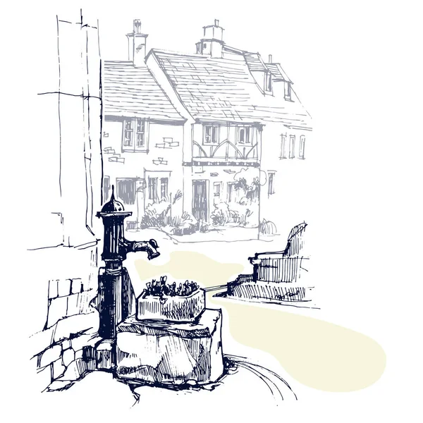 Kézzel rajzolt a régi vízpumpa, townhouse városi vázlat — Stock Vector