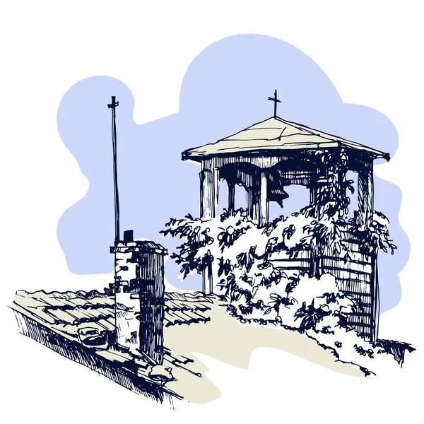 Ręcznie rysowane dachu z dzwonnicą, miejskich szkicu — Wektor stockowy