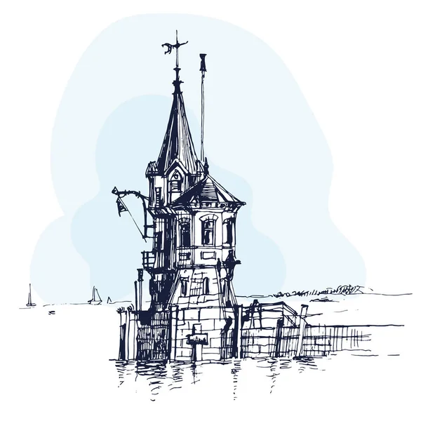 Ručně kreslenou maják v břehy jezera, moře městské skica — Stockový vektor