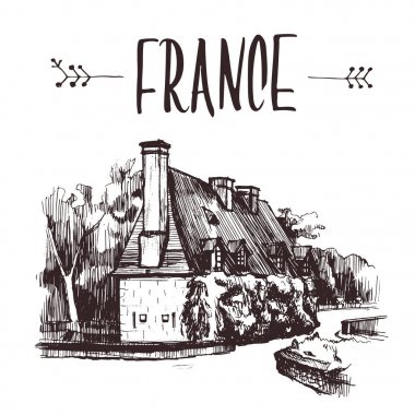 Elle çizilmiş kroki bahçe ev, Fransa. Çizilmiş Kitap Illustration, turistik kartpostal veya vektör poster şablonu