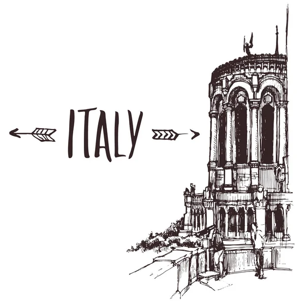 Basílica desenhada à mão, basílica menor em Lyon esboço urbano. ilustração do livro desenhado à mão, cartão postal turístico ou modelo de cartaz em vetor — Vetor de Stock