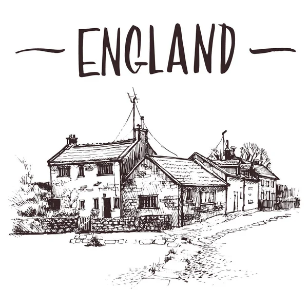 Handritad engelska cottage, radhus urban skiss. Handritade bok illustration, turistiska vykort eller affisch mall i vektor — Stock vektor