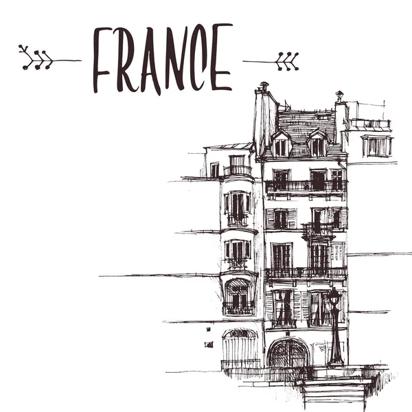 Ručně kreslenou pařížského domu, dům městské náčrtu. Ručně kreslené knižní ilustrace, turistické pohlednice nebo plakát šablony ve vektoru — Stockový vektor