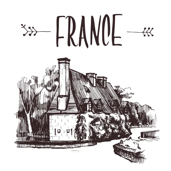 Ručně kreslené skici Garden House, Francie. Ručně kreslené knižní ilustrace, turistické pohlednice nebo plakát šablony ve vektoru — Stockový vektor