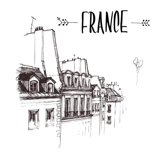 Ručně kreslenou The střechy Paříže, střecha městské náčrtu. Ručně kreslené knižní ilustrace, turistické pohlednice nebo plakát šablony ve vektoru — Stockový vektor
