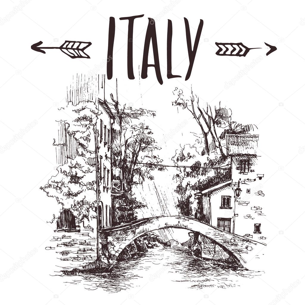Hand drawn Italy bridge, bridge urban sketch. Hand-drawn book illustration, touristic postcard or poster template in vector