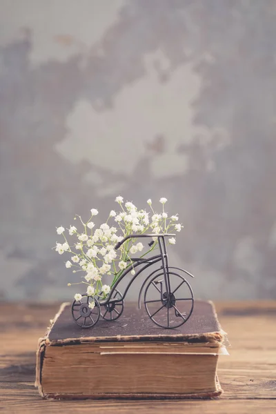 Old book, miniature iron bicycle with white fresh flowers on wooden background, World Book Day concept, toned vintage