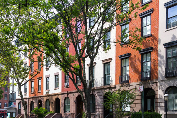 Tree Lined Block of Apartment Buildings in Manhattan, New York City
