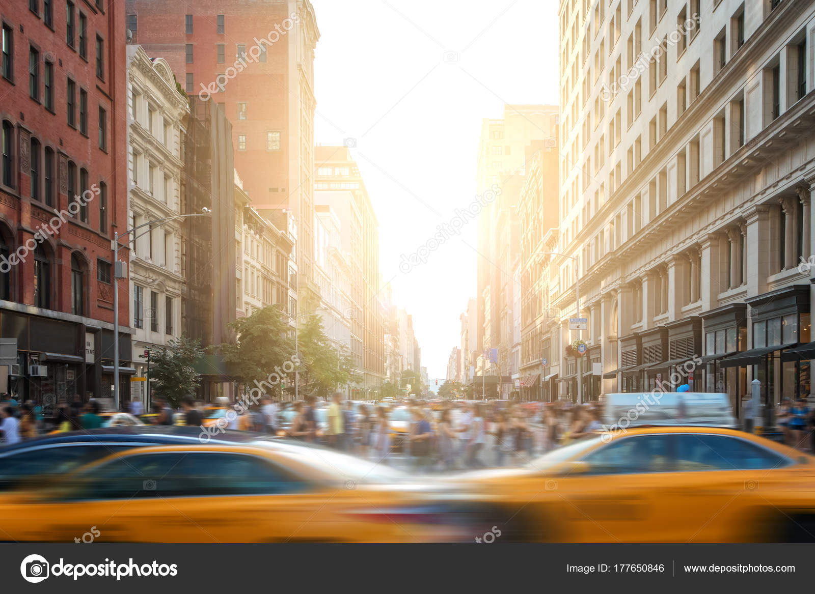 Yellow Taxis And Busy Traffic In Manhattan Stock Photo - Download