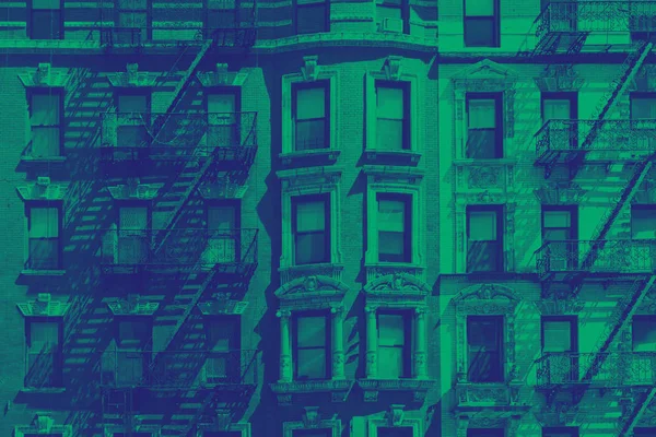 Nowy Jork Ściana Budynku Okien Kolorze Niebiesko Zielonym — Zdjęcie stockowe