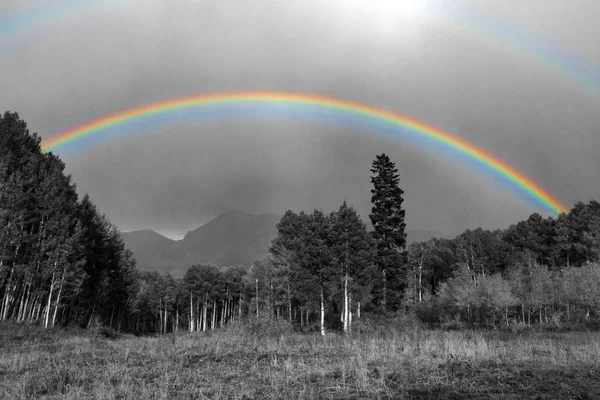 Full rainbow above black and white landscape in Colorado