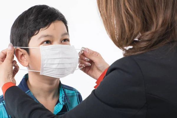 Mother Wearing Surgical Protective Mask Face Son Kid Idea Love — Stock Photo, Image