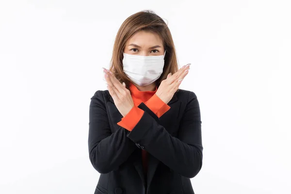 Businesswoman Black Suit Wearing Surgical Protective Hygiene Mask Face Point — Stock Photo, Image