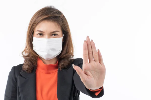 Businesswoman Black Suit Wearing Surgical Protective Hygiene Mask Face Point — Stock Photo, Image