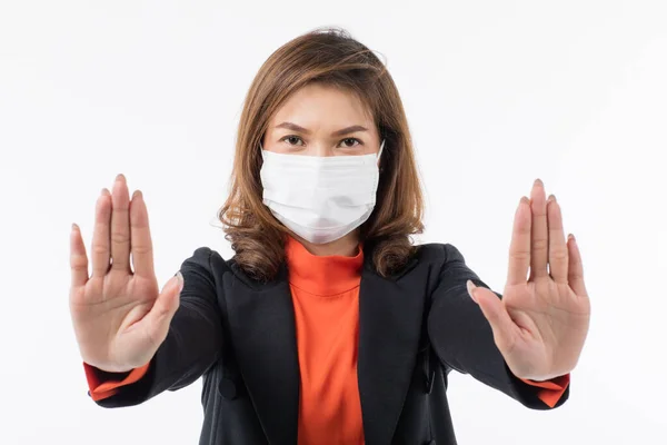 Businesswoman Black Suit Wearing Surgical Protective Hygiene Mask Face Point — Stock Photo, Image