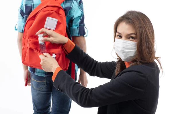 Asian Mother Black Business Suit Giving Putting Small Pocket Hand — Stock Photo, Image