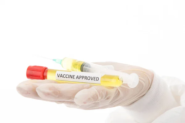 Vetenskapsmannens Hand Ger Koronavirusvaccin Och Injektionsspruta Koncept För Framgångsrik Forskning — Stockfoto