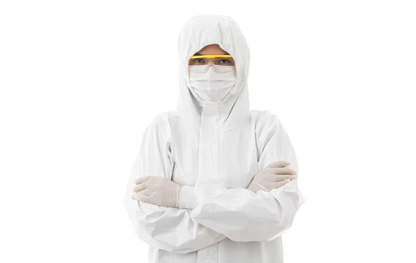 Woman Sterilize Lab Coat Safety Eyeglasses Standing Looking Camera Cross — Stock Photo, Image