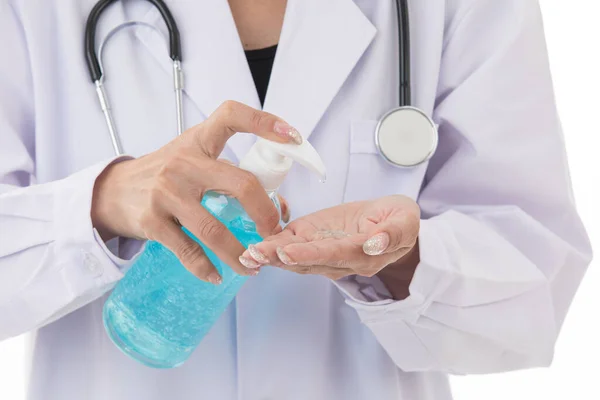 Médico Segurando Pressionando Aplicar Gota Limpeza Álcool Gel Para Lavar — Fotografia de Stock