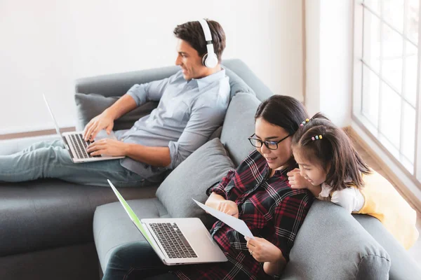 Asian Mother Using Laptop Computer Work Sofa Living Room While — Stock Photo, Image