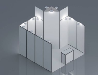 Boş Fuar Standı. Beyaz arka planda, boş ticaret olay stand sandalye ile izole 3d render. 3D render illüstrasyon