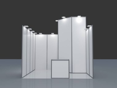 Boş Fuar Standı. Beyaz arka planda, boş ticaret olay stand sandalye ile izole 3d render. 3D render illüstrasyon