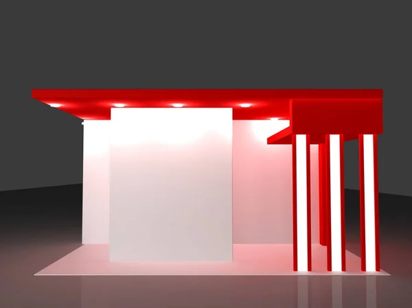 red and white round booth with flags. 3D rendering design