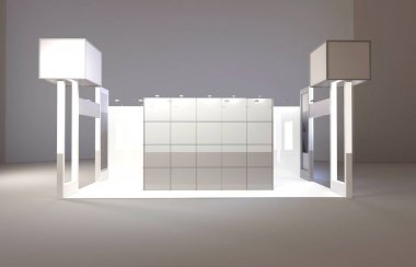 Boş Fuar Standı. Beyaz arka planda, boş ticaret olay stand ile izole 3d render