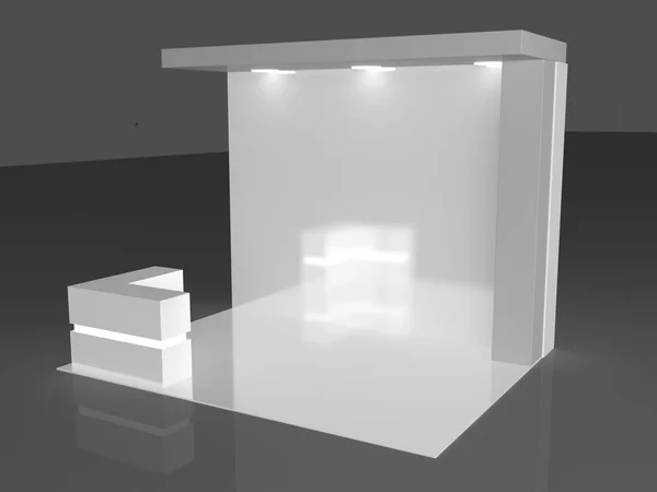 Exposición en blanco. 3d renderizado aislado sobre fondo blanco, stand de evento comercial vacío —  Fotos de Stock
