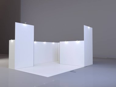 Fuar Standı, 3d işleme görsel Sergi donatımı, beyaz bir arka plan reklam alanı olarak