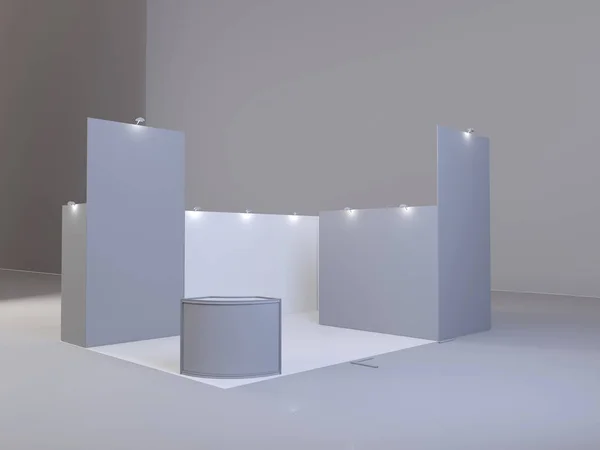 Stand de exposição, visualização de renderização 3D de equipamentos de exposição, espaço publicitário em um fundo branco — Fotografia de Stock
