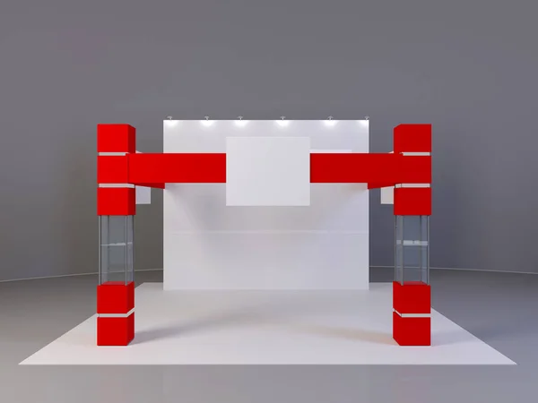 Exhibition red stand, 3D rendering visualization of exhibition equipment, Advertising space on a white background