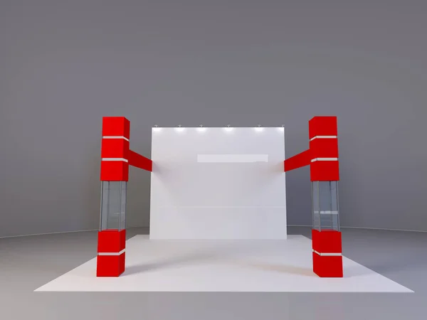 Exhibition red stand, 3D rendering visualization of exhibition equipment, Advertising space on a white background