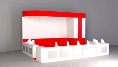 Sergi kırmızı standı, 3d işleme görsel Sergi donatımı, beyaz bir arka plan reklam alanı olarak