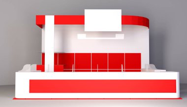 Sergi kırmızı standı, 3d işleme görsel Sergi donatımı, beyaz bir arka plan reklam alanı olarak