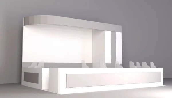 Stand de exposição, visualização de renderização 3D de equipamentos de exposição, espaço publicitário em um fundo branco — Fotografia de Stock