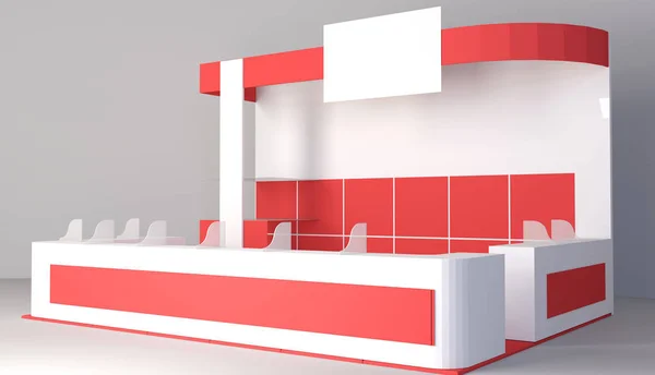 Exhibition red stand, 3D rendering visualization of exhibition equipment, Advertising space on a white background