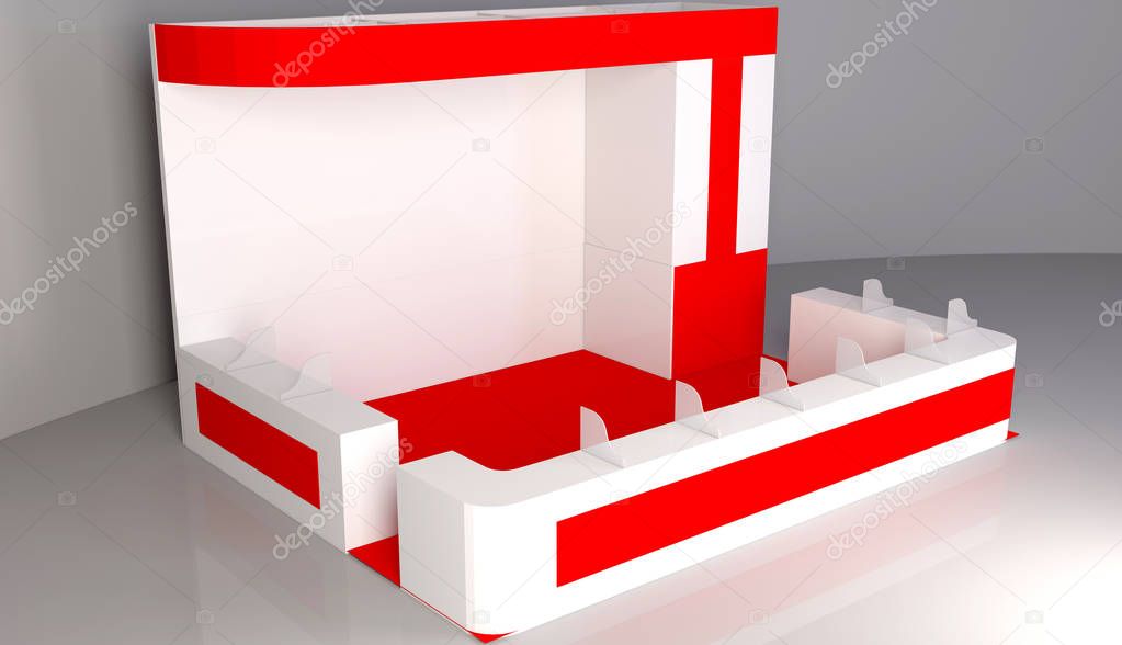 Exhibition red stand, 3D rendering visualization of exhibition equipment, Advertising space on a white background