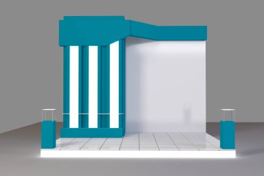 Kırmızı yaratıcı sergi stand tasarımı. Booth şablonu. 3D render tasarım
