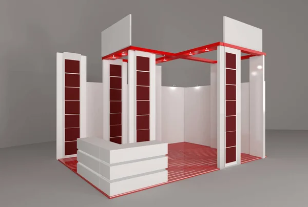 Κόκκινο εκθεσιακό stand, 3d απεικόνιση απόδοσης έκθεση εξοπλισμού, διαφημιστικό χώρο σε λευκό φόντο — Φωτογραφία Αρχείου