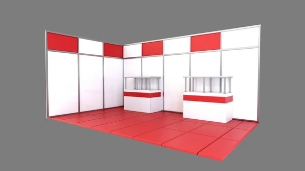 Exhibition red stand, 3D rendering visualization of exhibition equipment, Advertising space on a white background