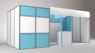 Kırmızı yaratıcı sergi stand tasarımı. Booth şablonu. 3D render tasarım