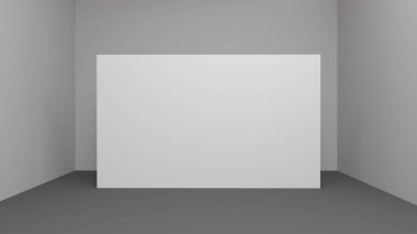 Beton zemin ve büyük pencereli boş çatı katındaki beyaz duvardaki boş beyaz poster, 3D Render 'ı uydur