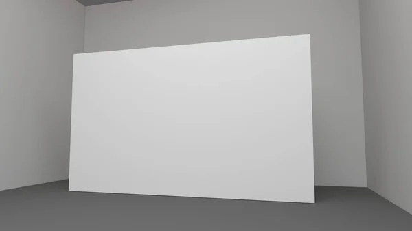 Cartaz branco em branco na parede branca na sala loft vazio com piso de concreto e janelas grandes, simular 3D Render — Fotografia de Stock