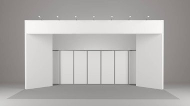 Ön taraftaki panellerle sergi tasarımı. 3d oluşturma