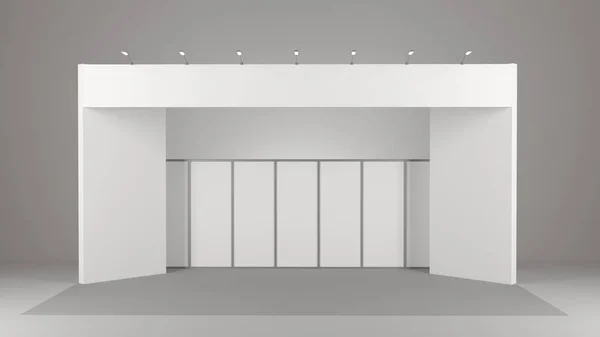 booth design in exhibition with panels from front. 3D rendering