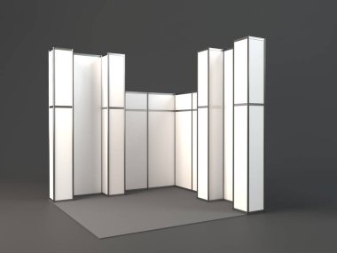 Sergi standı sade, sahte marka ve kurumsal kimlik için kullanılıyor. 3d illüstrasyon