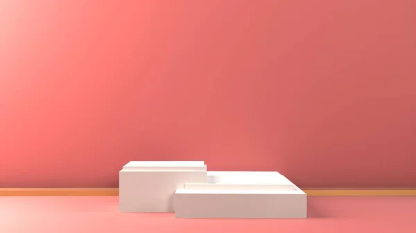 3d 흰색 분홍 큐브 색상은 부드럽고 연한 파스텔 배경의 스튜디오 배경이다. 3d 기하학적 모양의 객체 렌더링을 설명하라. 여름 상품을 위한 전시. — 스톡 사진