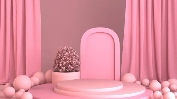 3d återgivning av partikonstruktionens sammansättning. 3D rosa bakgrund med båge, växter, gardiner. — Stockfoto