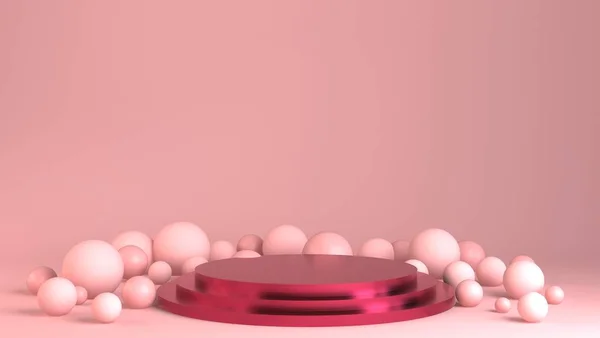 3d weergave van de samenstelling van het partijontwerp. Abstracte 3D geometrische vormen achtergrond voor vakantie concept. 3d roze achtergrond. — Stockfoto